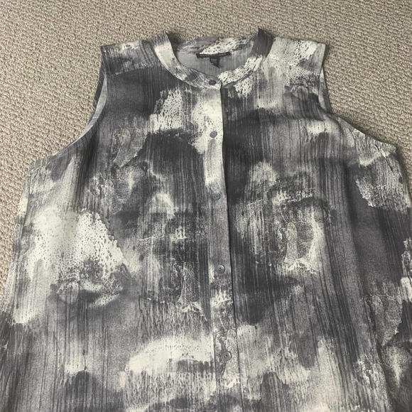 Eileen Fisher Womens Shirt Blouse Small Gray White Abstract Silk Tunic Button Up - Picture 2 of 9